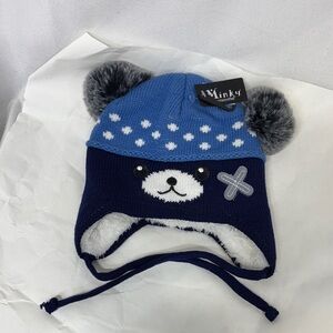 Minky pom pom Wink Kids Navy and Blue Bear embroidered fuzzy lined stocking Hat